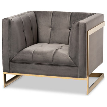 Rolland Gray Velvet Upholstered and Button Tufted Armchair With Gold-Tone Frame