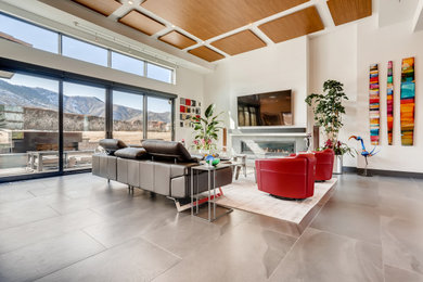 Example of a trendy travertine floor and gray floor living room design in Denver with a ribbon fireplace and a stone fireplace