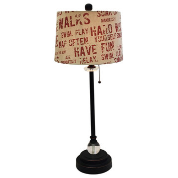 28" Crystal Lamp With Cream/Red Relaxing Phrase Print Drum Shade, Bronze, Single