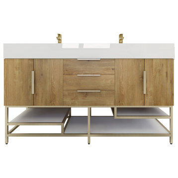 Madison 60" Free Standing Double Sink Vanity With Reinforced Acrylic Sink, Oak