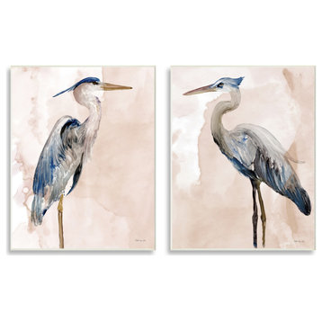 Beautiful Heron Birds Standing Watercolor Painting, 2pc, each 10 x 15