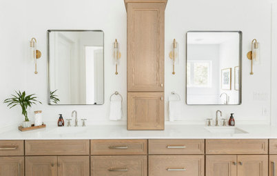 10 Bathrooms With White-and-Wood Double Vanities