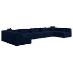 Meridian Furniture - Cube Upholstered Modular Sectional, Navy, 7-Piece: 5 Armless Chair, 2 Corner Chair, Linen Texured Fabric - Mix and match the pieces in this Cube modular section to personalize its fit for your space. This modular unit features soft navy linen textured upholstery that's not only beautiful to behold but is easy to care for an maintain. Attachment latches beneath each piece of this sectional make it a simple feat to put the pieces together to meet your specific preferences. Choose other items from the Cube lineup to expand the sectional as desired.