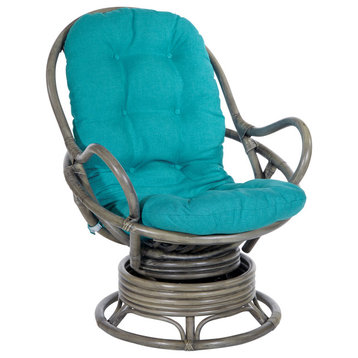 Tahiti Rattan Swivel Rocker Chair, Blue Fabric With Gray Frame