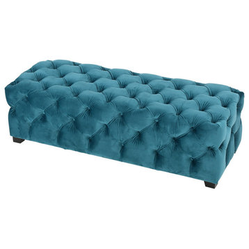 GDF Studio Provence TModern Glam Tufted Velvet Ottoman Bench, Dark Teal