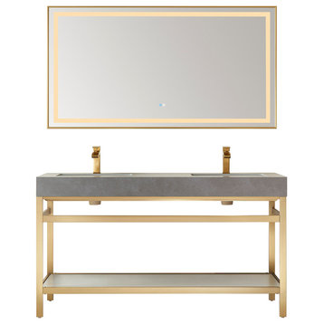 Funes Bath Vanity with Mirror, Brushed Gold Support, 60" Double Sink, Grey Stone Top