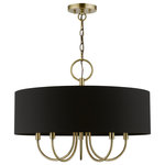 Livex Lighting - Livex Lighting 5 Light Antique Brass Pendant Chandelier - The five-light Huntington pendant chandelier is both modern and versatile. The hand-crafted black fabric hardback drum shade combines with chandelier-like antique brass finish sweeping arms which creates a versatile effect. Perfect fit for the living room, dining room, kitchen and bedroom.