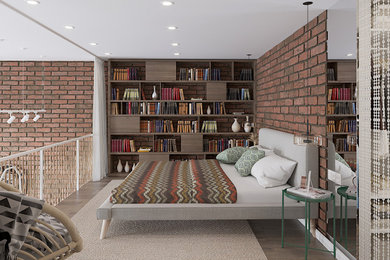 Ejemplo de dormitorio principal vintage de tamaño medio con suelo vinílico, suelo marrón y ladrillo