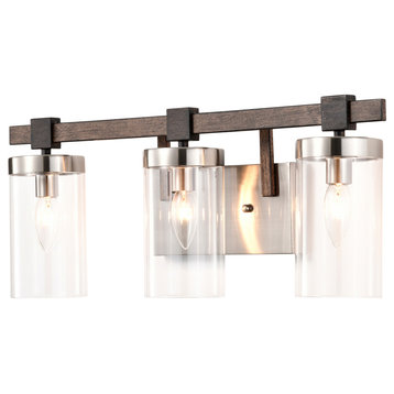 Lucy 3-Light Glass Wall Sconce, Satin Nickel and Faux Wood Finish