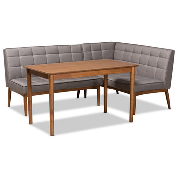Devin Midcentury Modern 3-Piece Dining Banquette Set, Gray Fabric