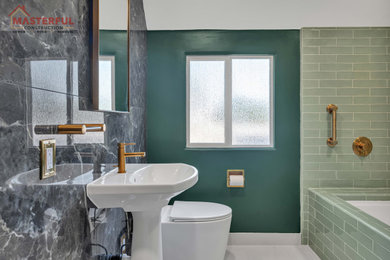 Open shower - mid-sized contemporary green tile single-sink open shower idea in San Francisco with green walls and a niche