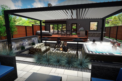 Photo of a medium sized contemporary back patio in Toronto with a water feature, concrete paving and a pergola.
