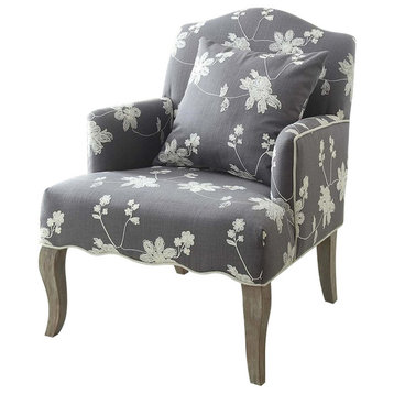 Linon Lauretta Upholstered Floral Embroidered Arm Chair with Pillow in Gray
