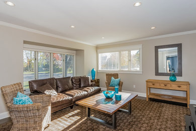 Large beach style formal and enclosed carpeted living room photo in New York with beige walls, no fireplace and no tv