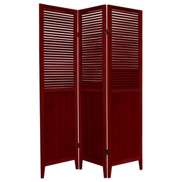 Room Divider, Double Hinged Panels With Louvered Accents, Rosewood/3 Panels