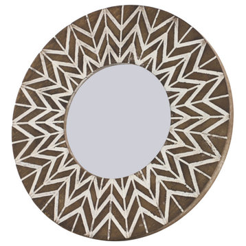 Round White & Natural Carved Wood Picture Frame w/ Chevron Pattern, 9"