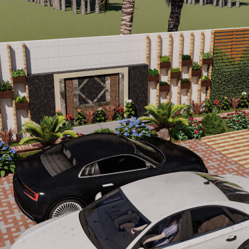 Front yard design of luxury farm house