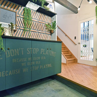 他の地域のラスティックスタイルのおしゃれな玄関 (白い壁、緑の床) の写真