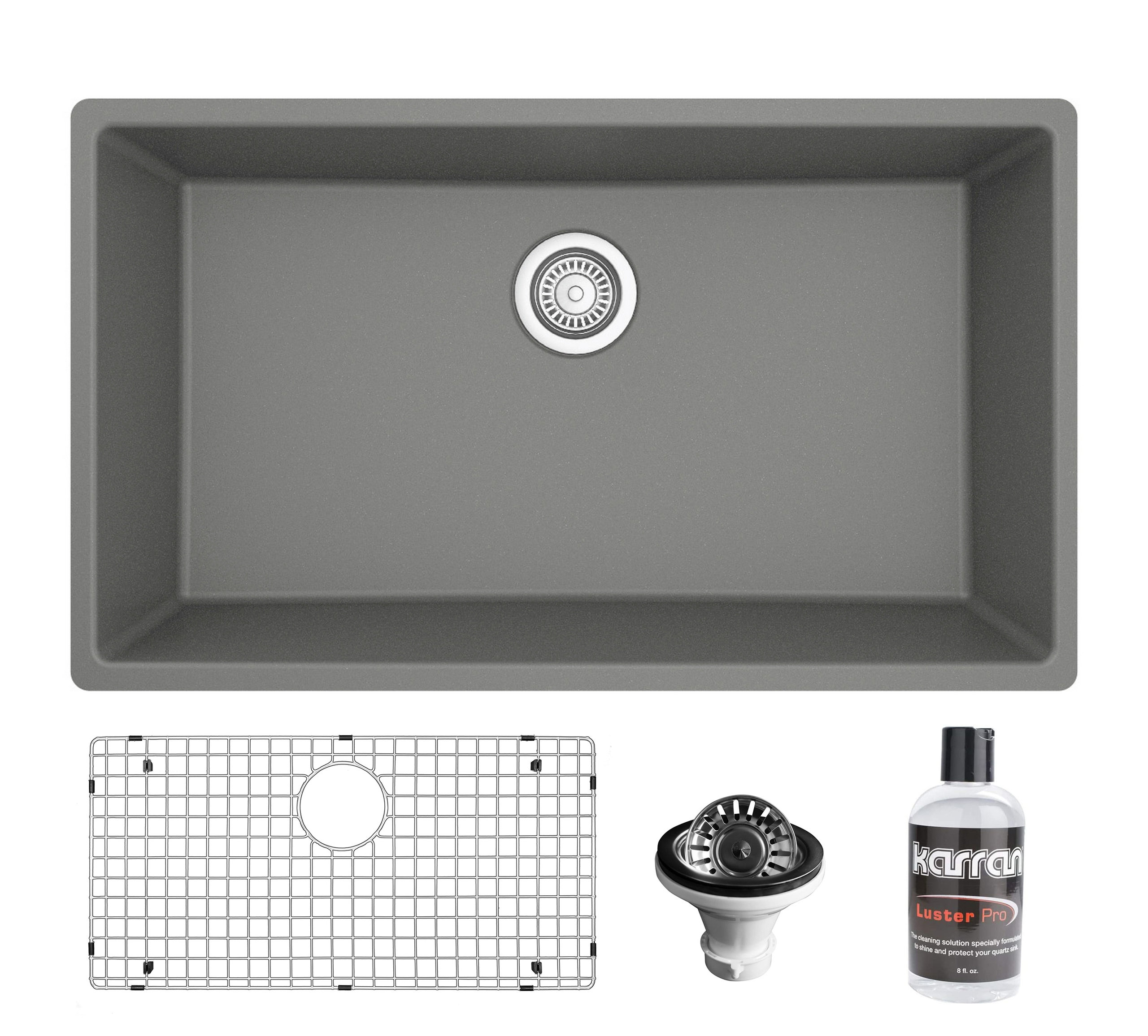 Karran QU-812 Undermount 32.5" Large Single Bowl Quartz Sink Kit, Grey