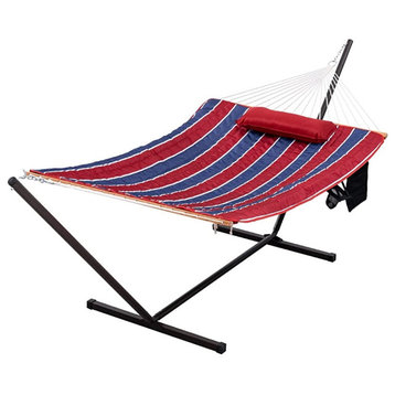 Large Hammock, Metal Stand & Bed With Removable Double Sided Pad, Red/Navy Blue