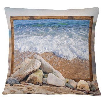 Framed Effect Waves And Rocks Seashore Throw Pillow, 16"x16"