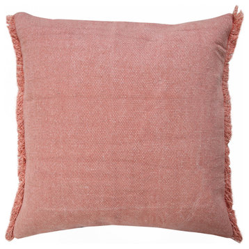 Light Pink Solid Stonewash Throw Pillow With Fringe, 20" X 20"