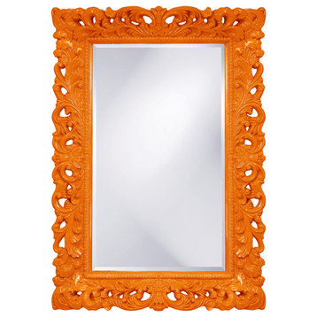 Barcelona Rectangular Mirror Custom Painted, Ornate, 33"x45", Glossy Orange