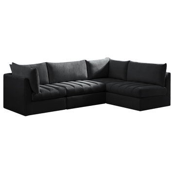 Jacob Velvet Upholstered 4-Piece L-Shaped Modular Sectional, Black