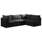 Meridian Furniture - Jacob Velvet Upholstered 4-Piece L-Shaped Modular Sectional, Black - Create the ideal seating arrangement for your space when you pick and choose the elements you like mostincluding this Jacob velvet modular sectional. Mix and match items in the Jacob collection to bring your living space or family room together with a personalized slant. Soft black velvet upholstery is soft and welcoming to the touch, adding a luxurious feel to everyday seating. Deep channel tufting adds to the piece's durability, and latches underneath the unit make it easy to attach to other pieces in the collection.