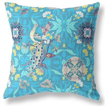 26" X 26" Blue And Turquoise Broadcloth Floral Throw Pillow