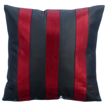 Metallic Faux Leather Stripes 12"x12" Black Pillows Cover, Alternating Red