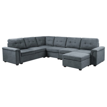 Isla Gray Woven Fabric 7-Seater Sectional Sofa With Ottoman
