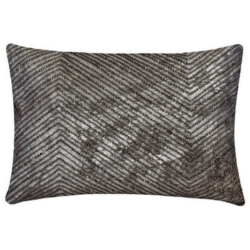 Grey & Silver Suede 12"x16" Lumbar Pillow Cover Foil & Beaded - Silver Lucent