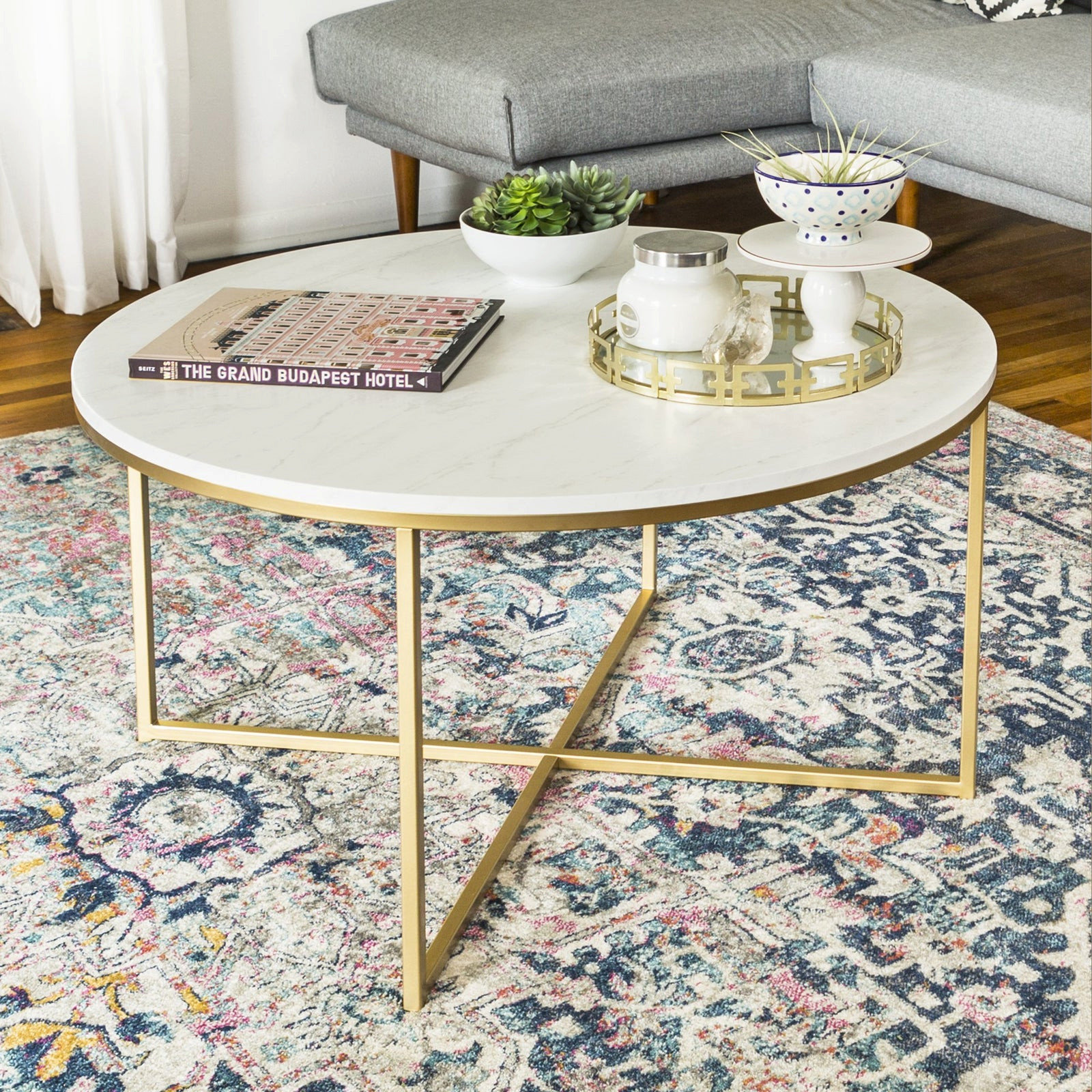 Walker Edison Mid Century Modern Coffee Table, Faux White Marble/Gold ...