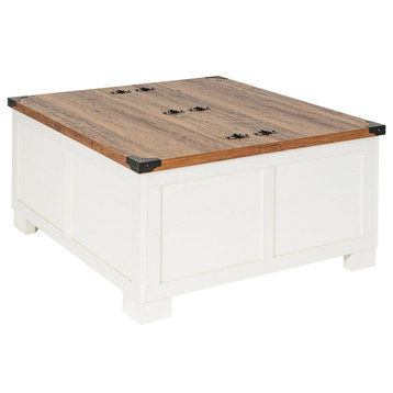 Modern Farmhouse Coffee Table, Hardwood Construction & Split Lift Up Top, White