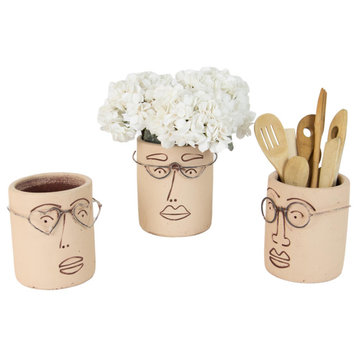 Natural Modern Clay Face Pots Wire Glasses 3-Piece Set
