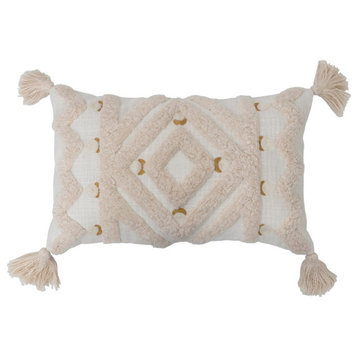 Cotton Tufted Lumbar Pillow With Embroidery and Tassels