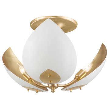 Lotus 3 Light Semi Flush in Gold Leaf/White with Painted White Metal Shade