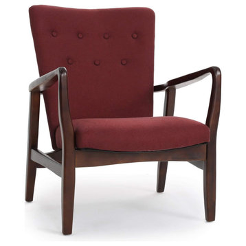 Mid Century Modern Armchair, Wooden Frame With Padded Seat, Deep Red