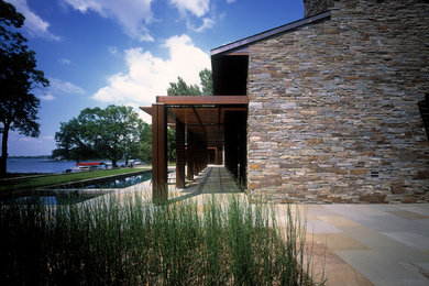 Transitional one-story stone exterior home idea in Minneapolis