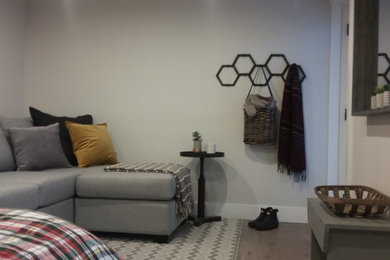 Small transitional open concept vinyl floor and brown floor living room photo in Other with gray walls