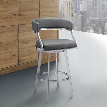 Armen Living Saturn 30" Modern Faux Leather Bar Stool in Gray