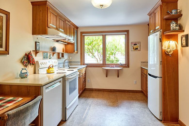 Example of a mid-sized classic galley multicolored floor eat-in kitchen design in Other with an undermount sink, raised-panel cabinets, medium tone wood cabinets, white appliances and no island
