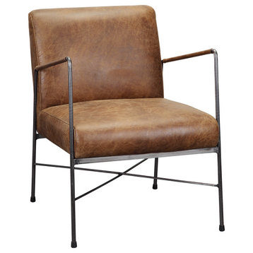 Industrial Brown Leather Open Arm Accent Side Chairs Over Metal Frame