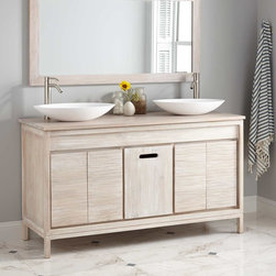 60" BECKER TEAK DOUBLE VESSEL SINK VANITY WITH MATCHING TOP - WHITEWASH - Bathroom Vanities And Sink Consoles