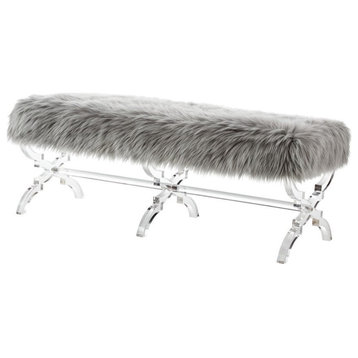 Posh Living Brayden Faux Fur Fabric Upholstered Bench with Acrylic X-Legs Gray