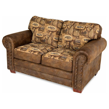 Farmhouse Loveseat, Fishing Inspired Leather Look Microfiber Upholstery, Brown