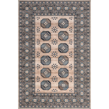 nuLOOM Idra Multi Medallion Spill Proof Washable Area Rug, Turquoise 4' x 6'