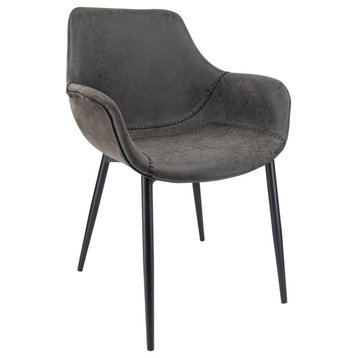 LeisureMod Markley Leather Dining Armchair With Metal Legs, Charcoal Black