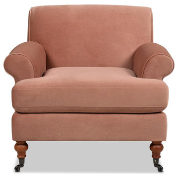 Accent Chair, Wheeled Carved Feet & Velvet Seat With Scrolled Arms, Peach Orange